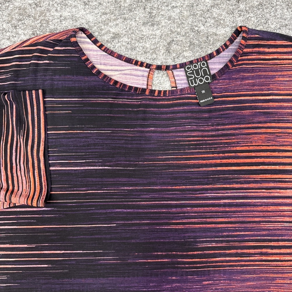 Clara Sun Woo top women's 1X stripe liquid knit stretch artsy abstract‎ colorful